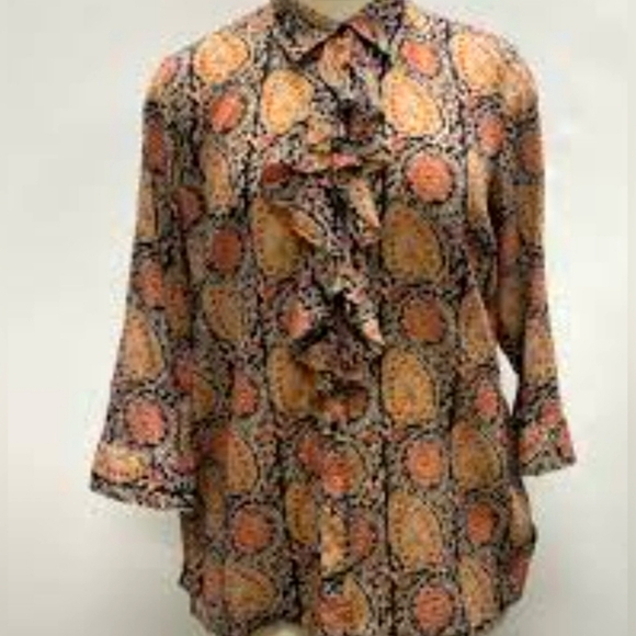 Lauren Ralph Lauren Paisley Print Ruffle Blouse Size 1X Button Front Shirt Femme - Picture 2 of 13